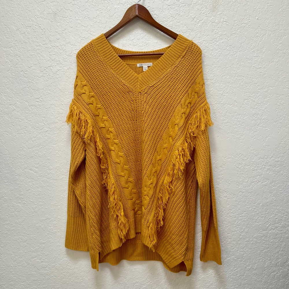Cato Mustard Yellow Cable Knit Fringe V-Neck Sweater Womens Plus 18/20W Boho